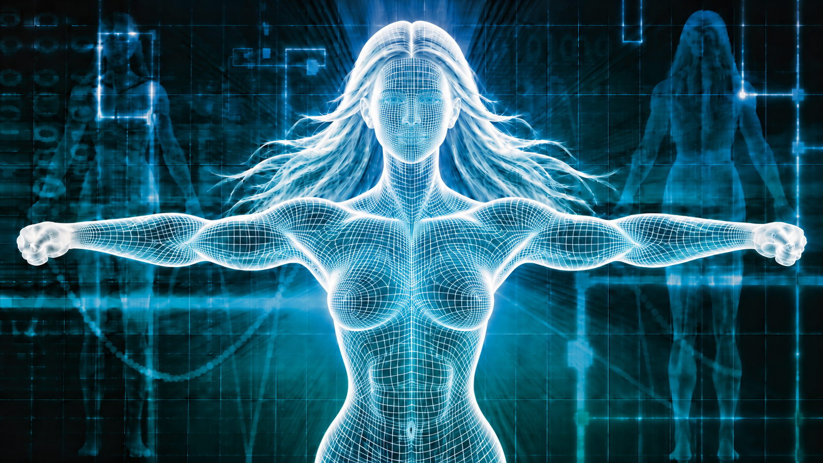 A glowing blue wireframe hologram of a woman with long flowing hair and her arms extended horizontally to the sides