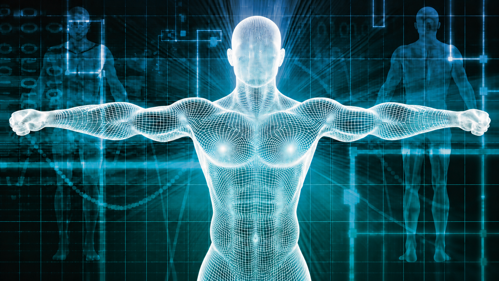 A glowing blue wireframe hologram of a muscular man with his arms extended horizontally to the sides