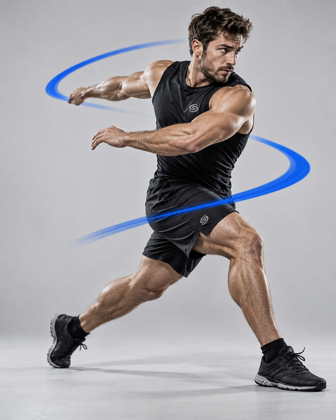 An athlete in black training gear driving through a spiral movement, a blue arc tracing the rotation around him