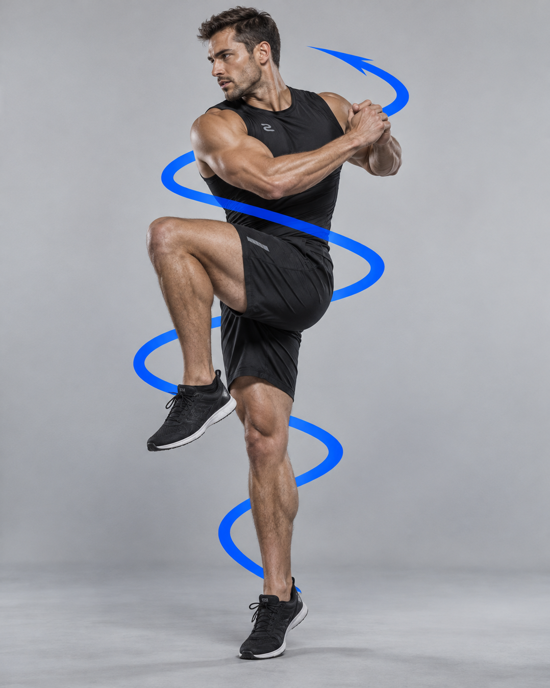 An athlete driving a high knee across the body in a rotational direction change